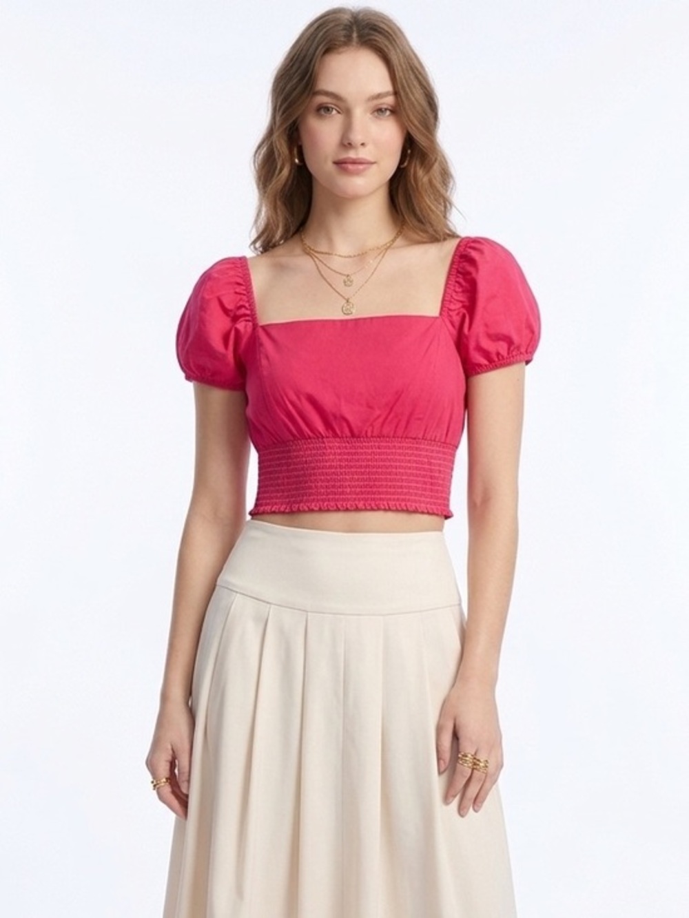 Pink Puff-Sleeve Short Sleeve Smocked Crop Top Size Large